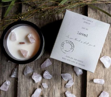 EAU SO Loved Candle with Rose Quartz Gemstones - Hug in a box.ie